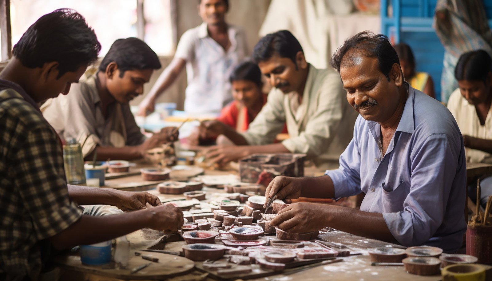 Artisans collaborating at a shared workshop table