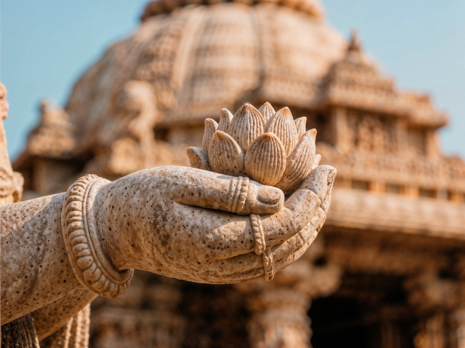 Stone sculpture of a hand holding a lotus near traditional architecture