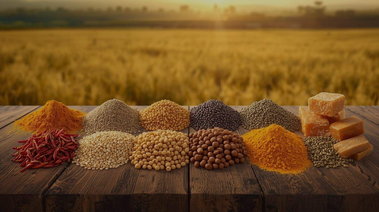 Vedafox Group banner featuring spices, millets, pulses, oil seeds, and jaggery in natural heaps against a warm farm landscape.