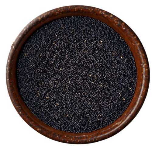 Vedafox Premium Black Mustard seeds in a traditional bowl presentation