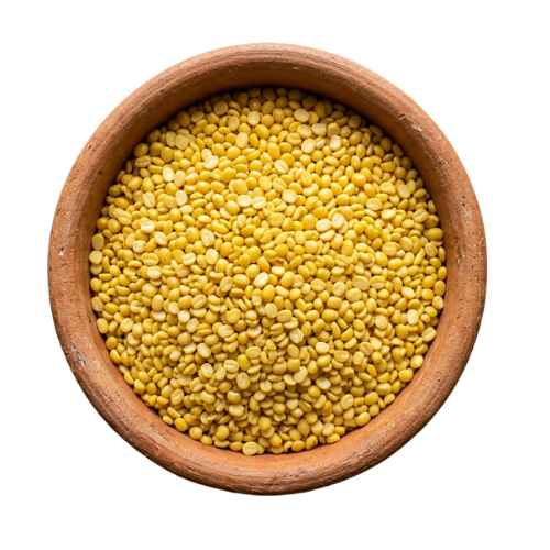 Vedafox premium moong mogar in wooden bowl, featuring washed yellow split green gram with clean texture and uniform quality.