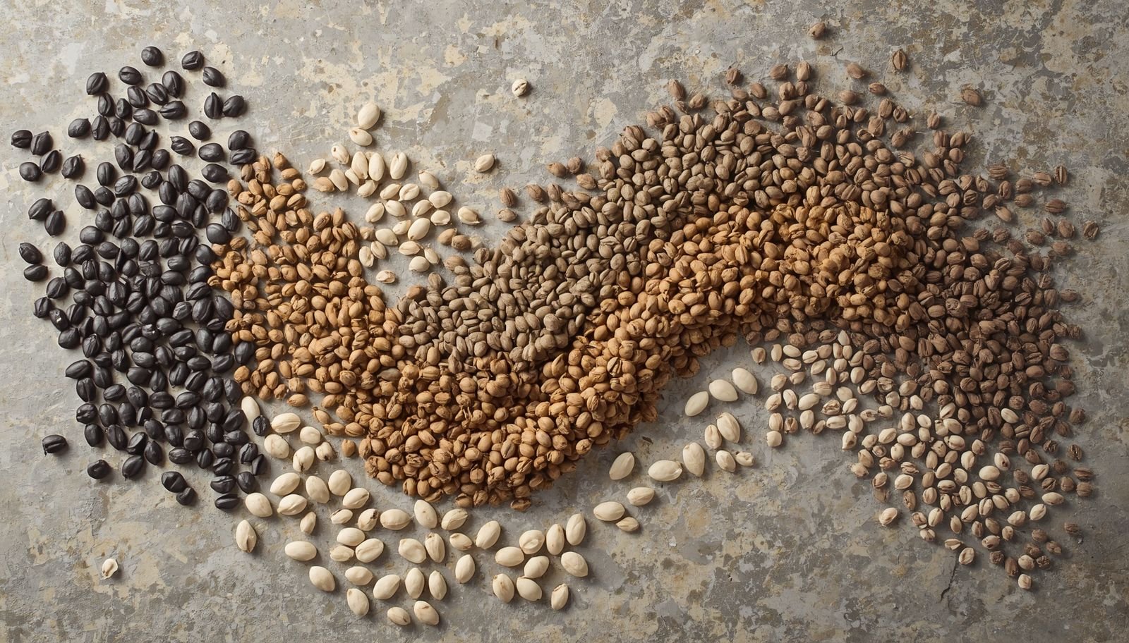 Premium specialty seeds from Vedafox Group showcasing castor seeds, chia seeds, flax seeds, and black cumin
