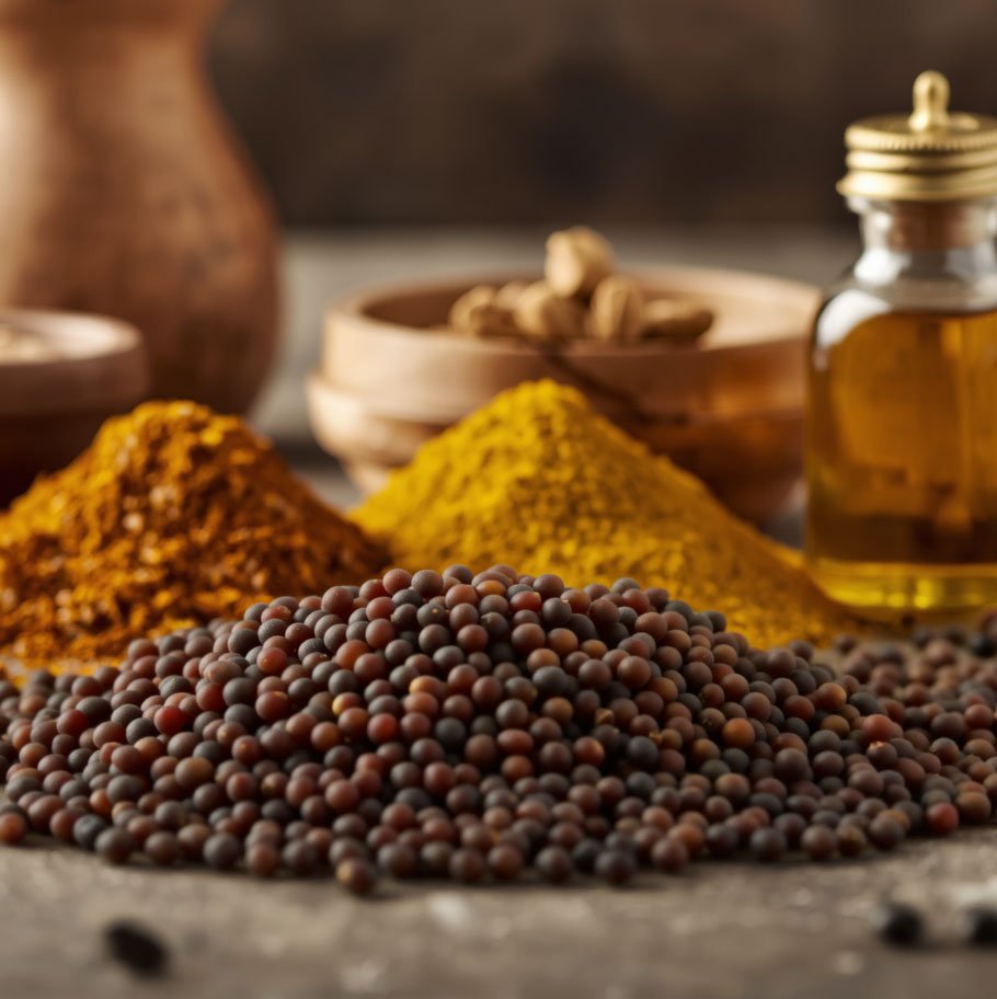 Premium mustard seeds from Vedafox Group showcasing black, yellow and brown varieties in culinary applications, oil extraction and industrial processing
