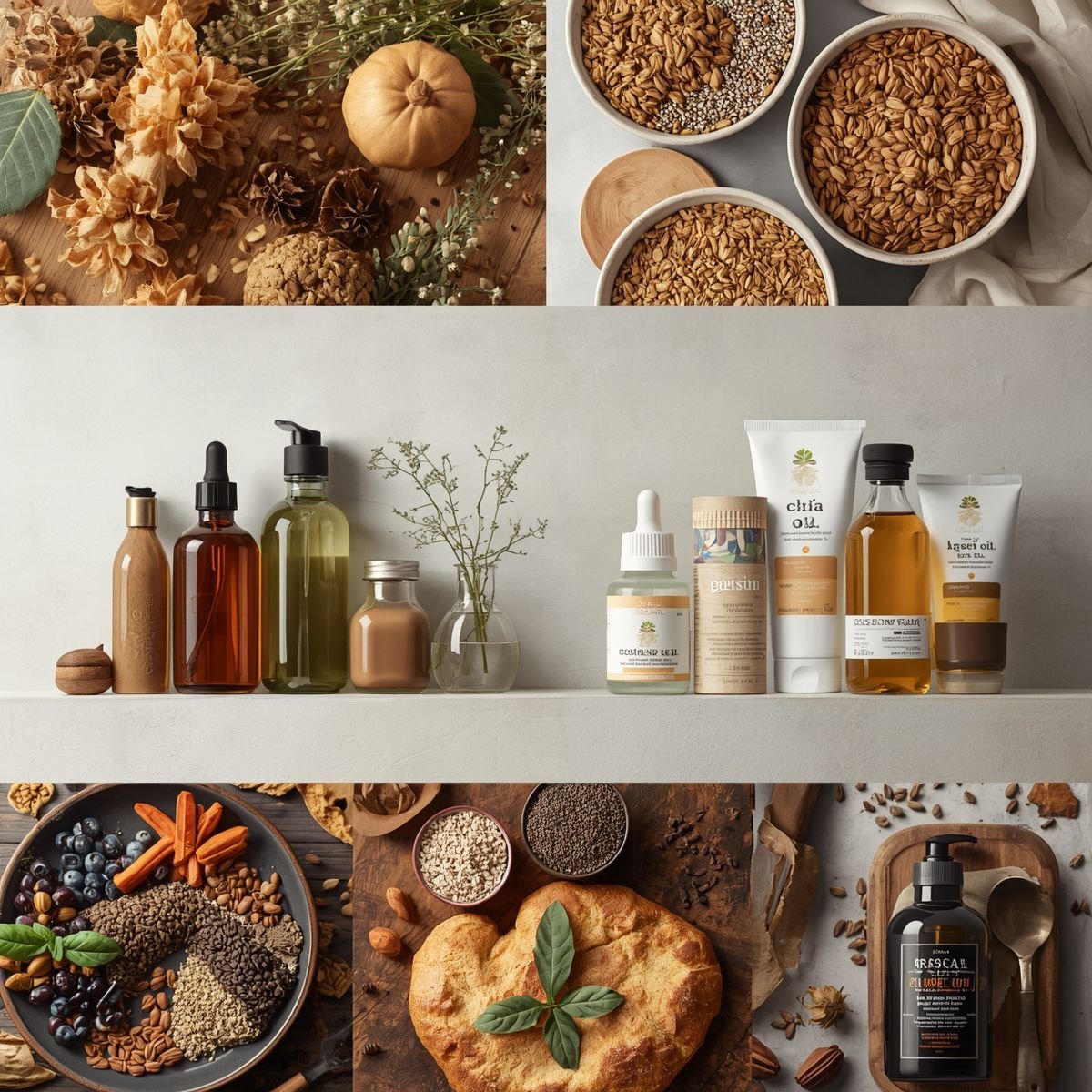 Premium specialty seeds from Vedafox Group showcasing castor seeds for industrial use, chia seeds for superfood applications, flax seeds for omega-3 nutrition, and black cumin for medicinal purposes